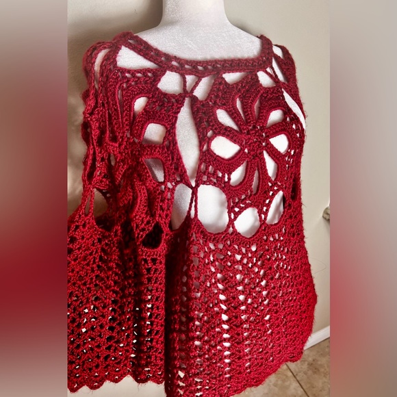 Red Hand Crochet Bell Sleeves Sweater! Size Large - Picture 11 of 15
